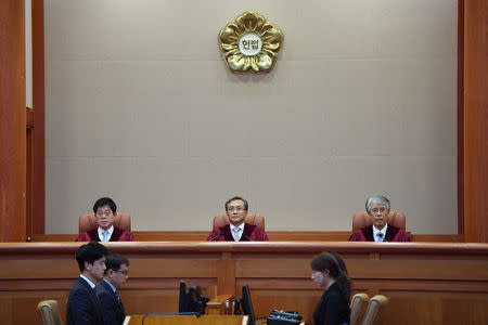 South Korea's Constitutional Court chief judge Yoo Nam-seok and other judges sit for the ruling on decriminalisation of abortion at the court in Seoul, South Korea April 11, 2019. Jung Yeon-je/Pool via REUTERS