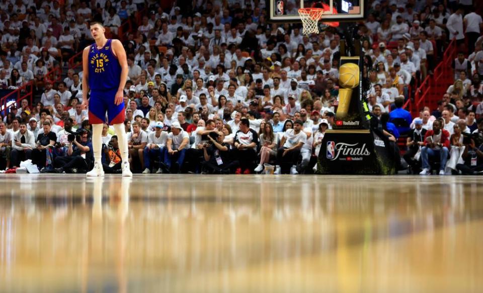 Nikola Jokić looks on during the second quarter of Wednesday night’s Game 3 of the NBA finals.