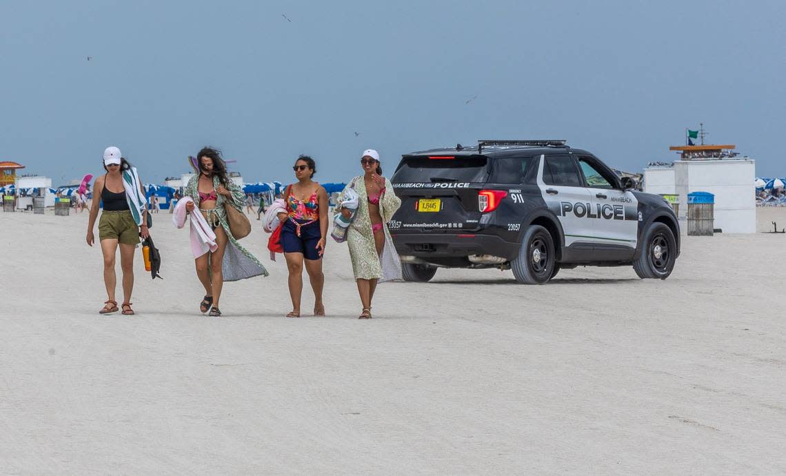 A city of Miami Beach police patrol vehicle is seen driving along the beach during spring break in Miami Beach, Florida, on Sunday, March 10, 2024.