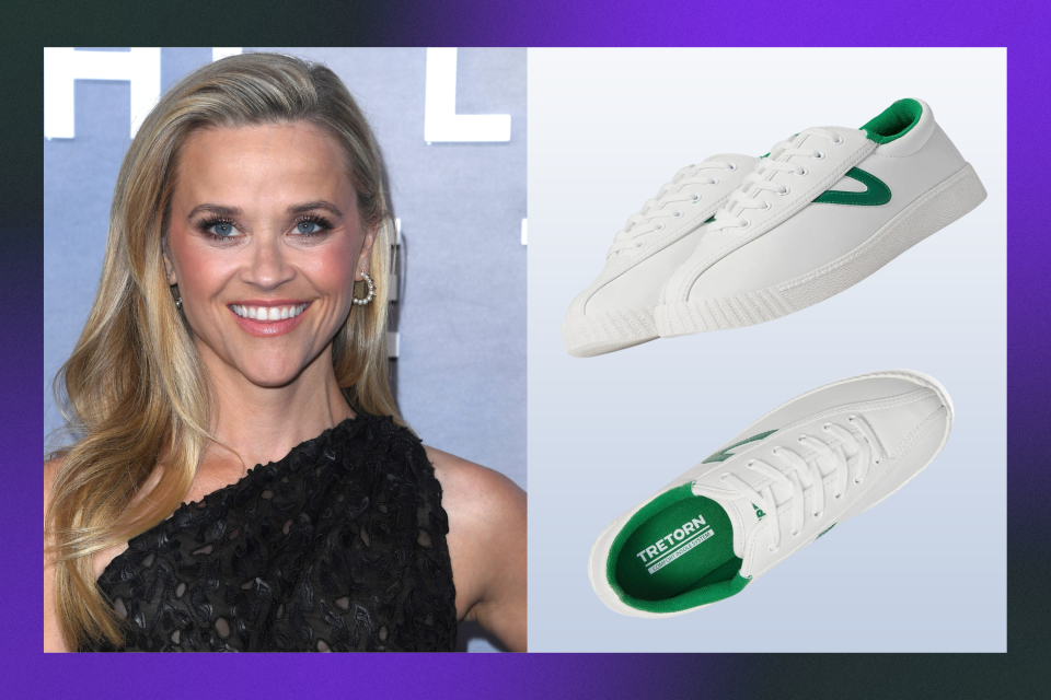 Reese Witherspoon beside multiple views of white sneakers with green detailing