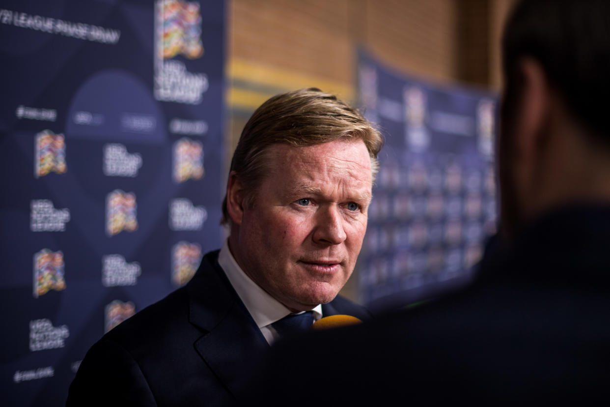 AMSTERDAM, NETHERLANDS - MARCH 03: Head Coach Ronald Koeman of Netherlands gives an interview in the flash zone after the UEFA Nations League Draw at Beur van Berlage on March 03, 2020 in Amsterdam, Netherlands. (Photo by Lukas Schulze - UEFA/UEFA via Getty Images)