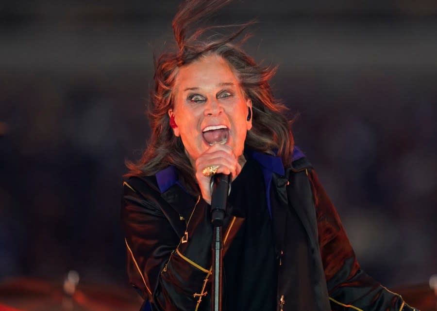 FILE – Singer Ozzy Osbourne performs during halftime of an NFL football game between the Los Angeles Rams and the Buffalo Bills in Inglewood, Calif., on Sept. 8, 2022. Osbourne is among the 2024 nominees for induction into the Rock & Roll Hall of Fame. (AP Photo/Ashley Landis, File)