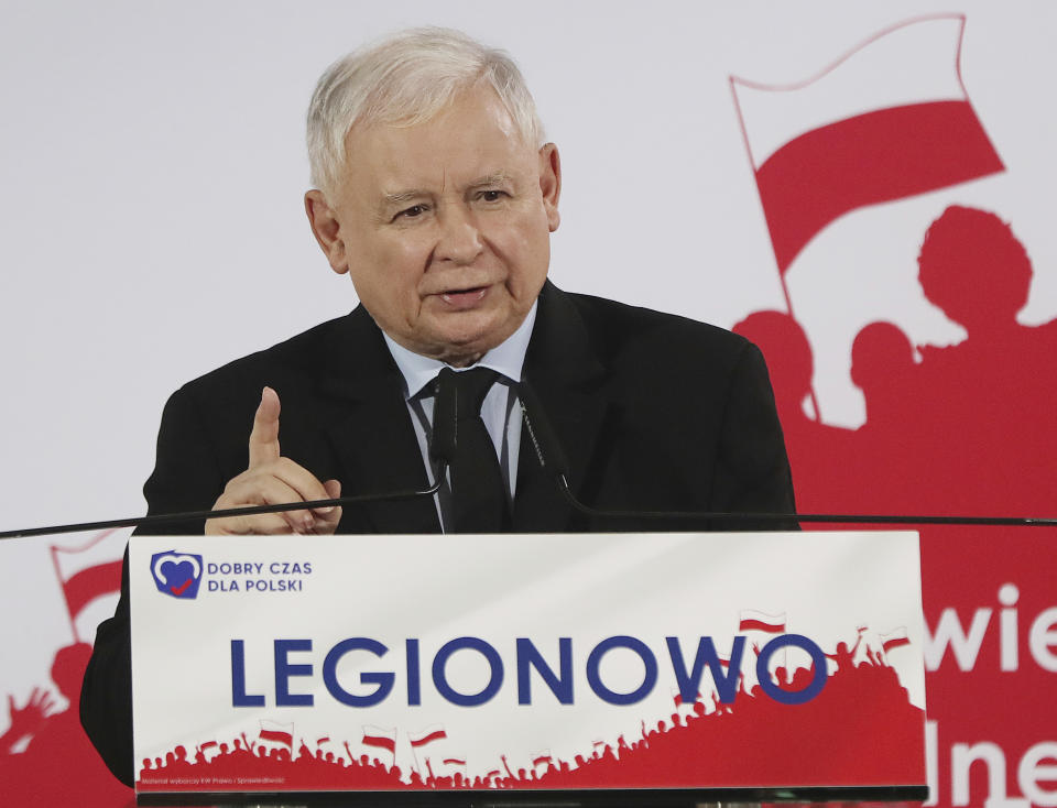 In this photo taken Thursday Sept. 26, 2019 Poland's ruling right-wing party leader Jaroslaw Kaczynski speaks at a convention Legionowo, Poland, ahead of Sunday parliamentary election in which his Law and Justice party is hoping to win a second term in power. (AP Photo/Czarek Sokolowski)