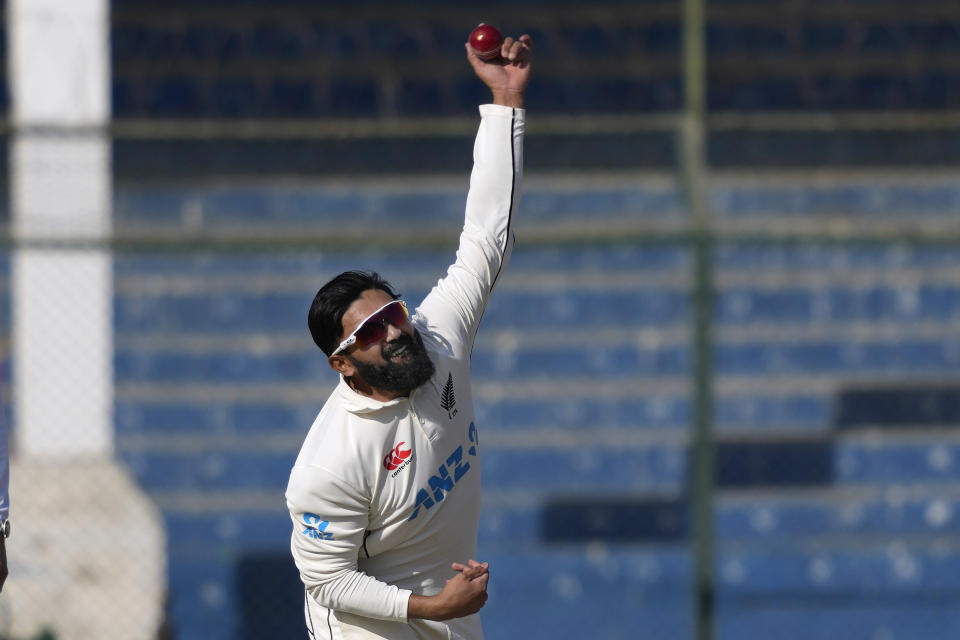 New Zealand's Ajaz Patel bowls during the second day of the second test cricket match between Pakistan and New Zealand, in Karachi, Pakistan, Tuesday, Jan. 3, 2023. (AP Photo/Fareed Khan)