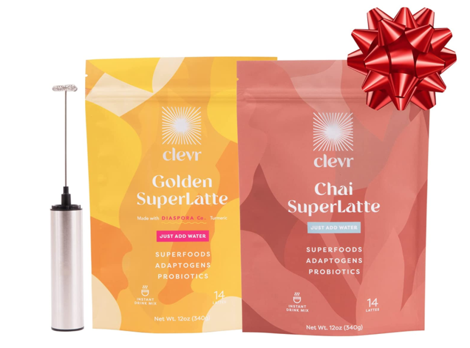 Clevr SuperLatte Starter Kit including Chai and Golden SuperLatte mix, and a milk frother