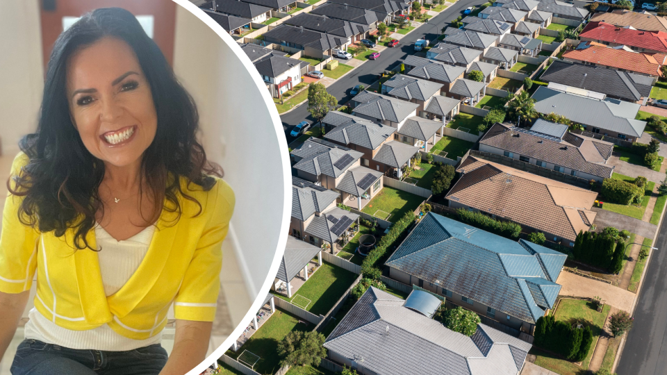 Nicole Pedersen-McKinnon inset over aerial view of housing estate to symbolise mortgages.