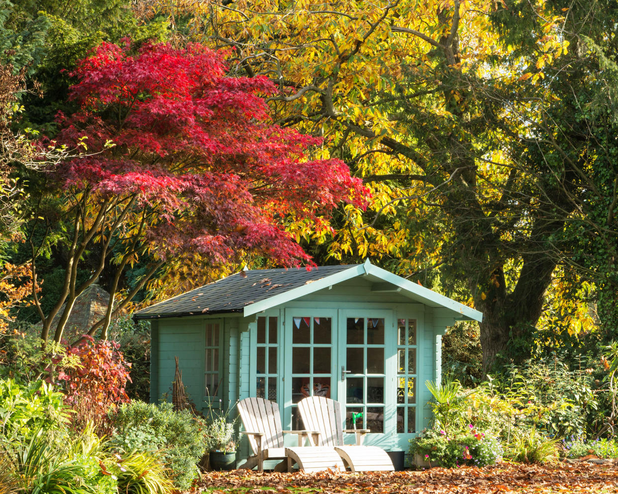  Summerhouse in garden surrounded by mature trees. 