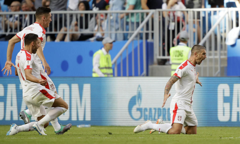 Serbia’s Aleksandar Kolarov celebrates scoring the opening goal during the group E match between Costa Rica and Serbia at the 2018 soccer World Cup in the Samara Arena in Samara, Russia, Sunday, June 17, 2018. (AP Photo/Mark Baker)