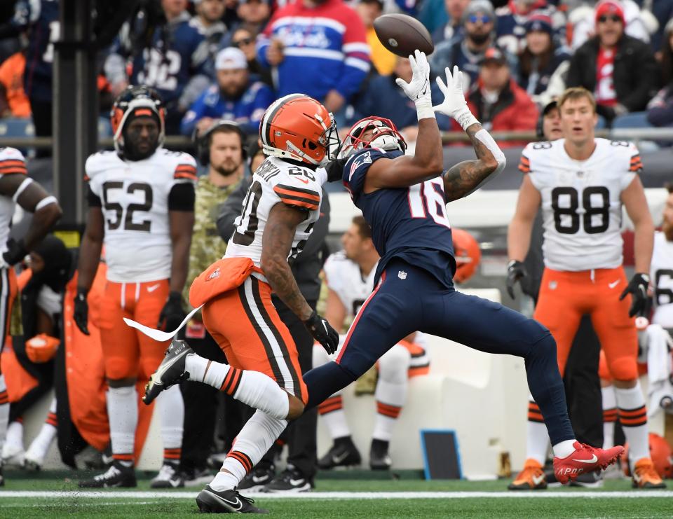 New England Patriots wide receiver Jakobi Meyers makes a catch over Cleveland Browns cornerback Greg Newsome II during the second half of a game on Sunday, Nov. 14, 2021, at Gillette Stadium in Foxboro.