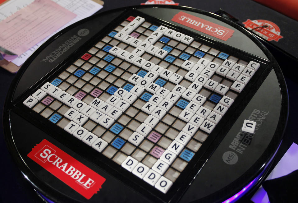 The winning SCRABBLE board of teammates Noah Kalus, from New Paltz, N.Y. and Zach Ansell, from Los Angeles, Calif., not pictured, after defeating teammates Matias Shundi, and Javier Contreras, not pictured, both from Chapel Hill, N.C., in the finals of the 2015 North American School SCRABBLE Championship, at Hasbro headquarters in Pawtucket, R.I., Sunday, May 17, 2015. Kalus and Ansell won, 587 to 331. (Stew Milne/AP Images for Hasbro)