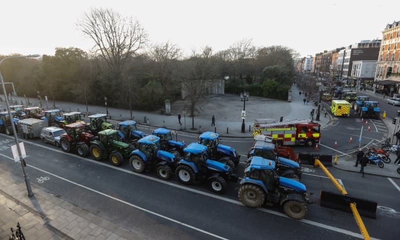 Farmers protest on St. Stephens Green, near Government Buildings in Dublin