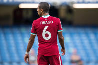 LONDON, ENGLAND - SEPTEMBER 20: Thiago Alcantara of Liverpool during the Premier League match between Chelsea and Liverpool at Stamford Bridge on September 20, 2020 in London, United Kingdom. (Photo by Sebastian Frej/MB Media/Getty Images)