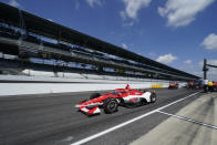Marcus Ericsson, of Sweden, leaves the pits to qualify for the Indianapolis 500 auto race at Indianapolis Motor Speedway, Saturday, Aug. 15, 2020, in Indianapolis. (AP Photo/Darron Cummings)