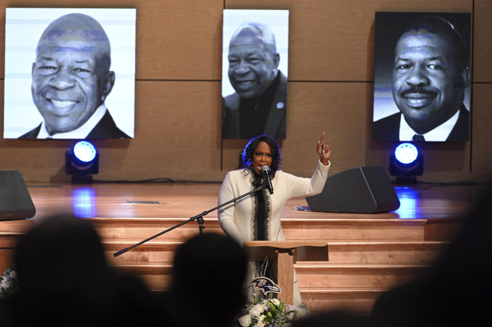 Maya Rockeymoore Cummings speaks at the funeral service for her husband, Rep. Elijah Cummings, D-Md., at the New Psalmist Baptist Church in Baltimore, Md., on Friday, Oct. 25, 2019. (Lloyd Fox/The Baltimore Sun via AP, Pool)