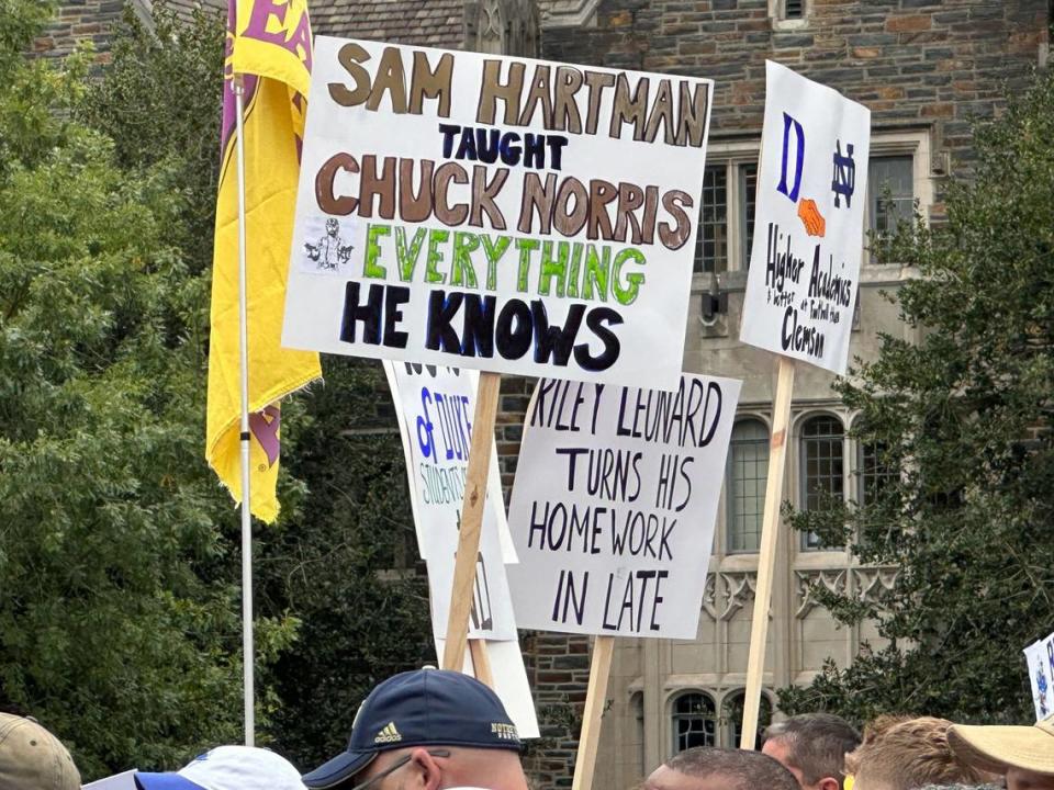 Signs from College Football Gameday before Duke hosts Notre Dame.