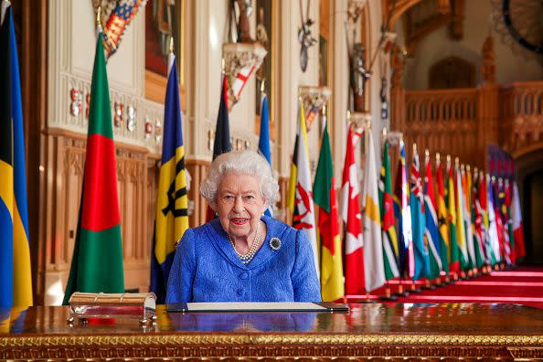 2021: In this undated image released on March 7, 2021, Queen Elizabeth II signs her annual Commonwealth Day Message in St. George's Hall at Windsor Castle, to mark Commonwealth Day, in Windsor, England.