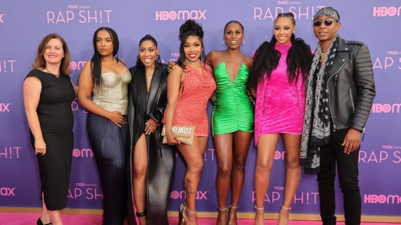 Gathered for the July 2022 premiere of “Rap Sh!t” at Hammer Museum in Los Angeles are (from left) Suzanna Makkos, Aida Osman, Jonica Booth, KaMillion, Issa Rae, Syreeta Singleton and RJ Cyler. (Photo: Momodu Mansaray/Getty Images)