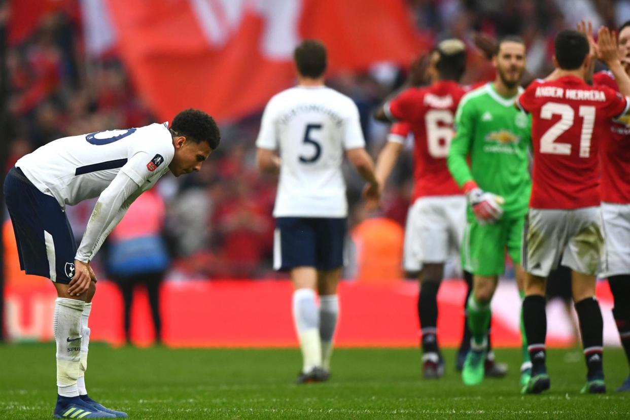 Dejected | Dele Alli at full time after Tottenham’s defeat to Manchester United: Rex Features