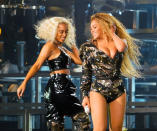 <p>A true sister act! Bey shared the stage with Solange at one point — and apparently this photo is good enough to be shared with the world. <a rel="nofollow noopener" href="http://www.nme.com/news/music/beyonce-headline-coachella-2018-unflattering-photos-2293308" target="_blank" data-ylk="slk:The queen reportedly didn’t want fans to take pix of her during the show and post them on social media;elm:context_link;itc:0;sec:content-canvas" class="link ">The queen reportedly didn’t want fans to take pix of her during the show and post them on social media</a>. (Photo: Splash News) </p>