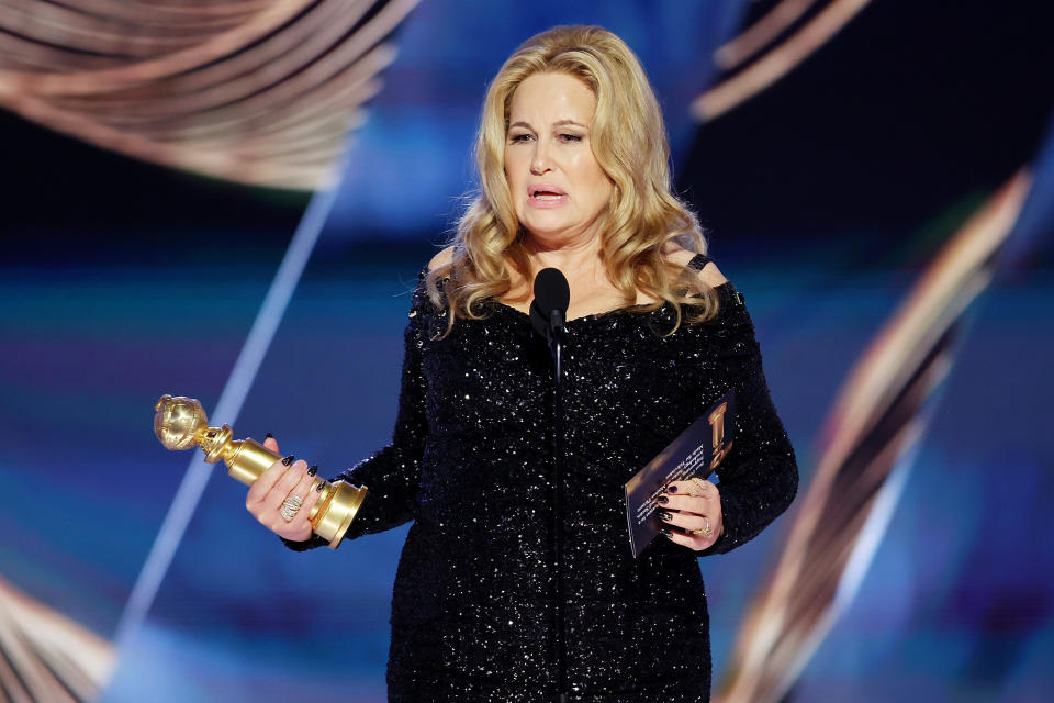 BEVERLY HILLS, CALIFORNIA - JANUARY 10: 80th Annual GOLDEN GLOBE AWARDS -- Pictured: Jennifer Coolidge accepts the Best Actress in a Limited or Anthology Series or Television Film award for 