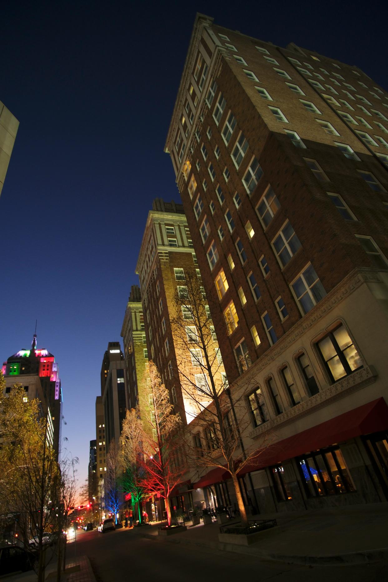 The Skirvin Hilton is pictured at night Dec. 5, 2022, in downtown Oklahoma City.