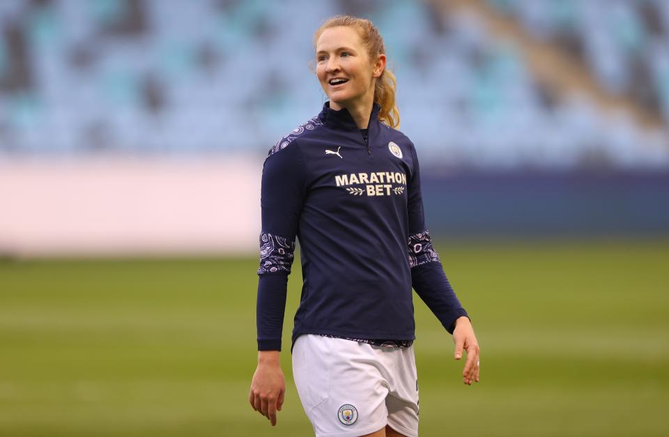 Sam Mewis of Manchester City looks on as she warms up prior to the Women's UEFA Champions League Round of 16 match between Manchester City WFC and ACF Fiorentina at The Academy Stadium on March 03, 2021 in Manchester, England. Mewis retired from soccer in January 2024, citing knee injuries.
