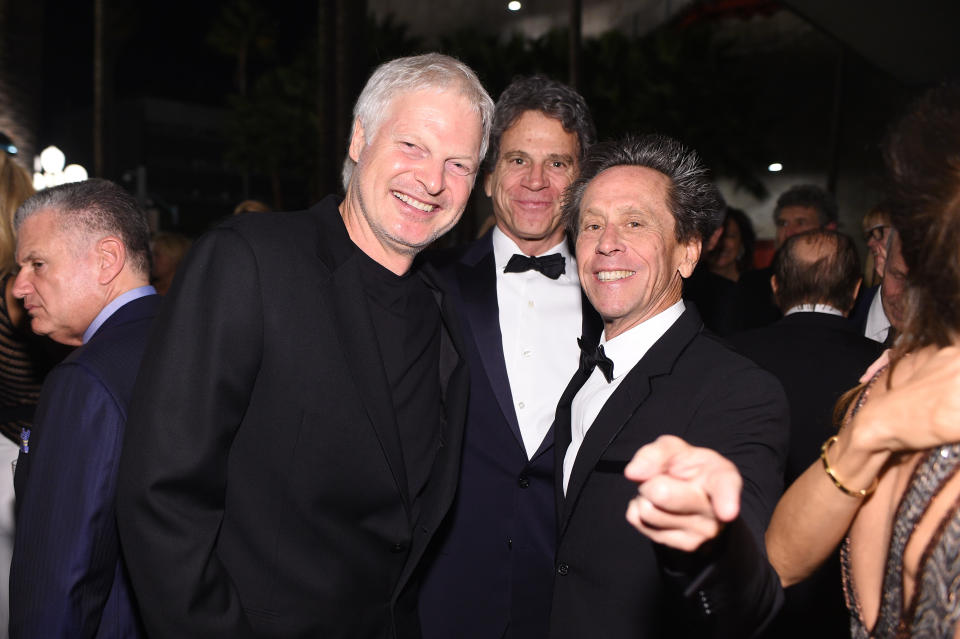 LOS ANGELES, CA - NOVEMBER 07:  (L-R) Producer Steve Bing, guest and LACMA Trustee Brian Grazer attend LACMA 2015 Art+Film Gala Honoring James Turrell and Alejandro G Iñárritu, Presented by Gucci at LACMA on November 7, 2015 in Los Angeles, California.  (Photo by Stefanie Keenan/Getty Images for LACMA)