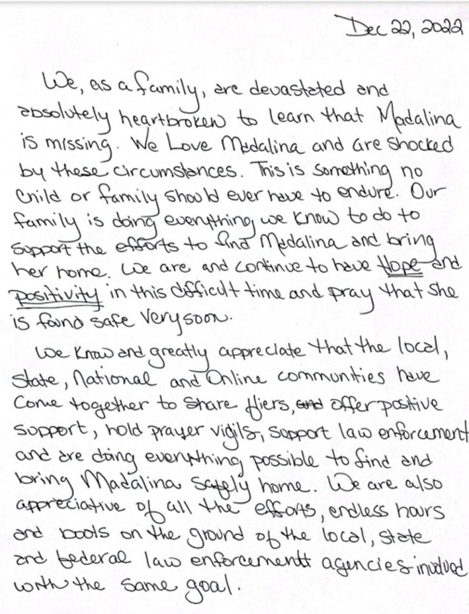 Madalina's family shared this handwritten note (Cornelius PD)
