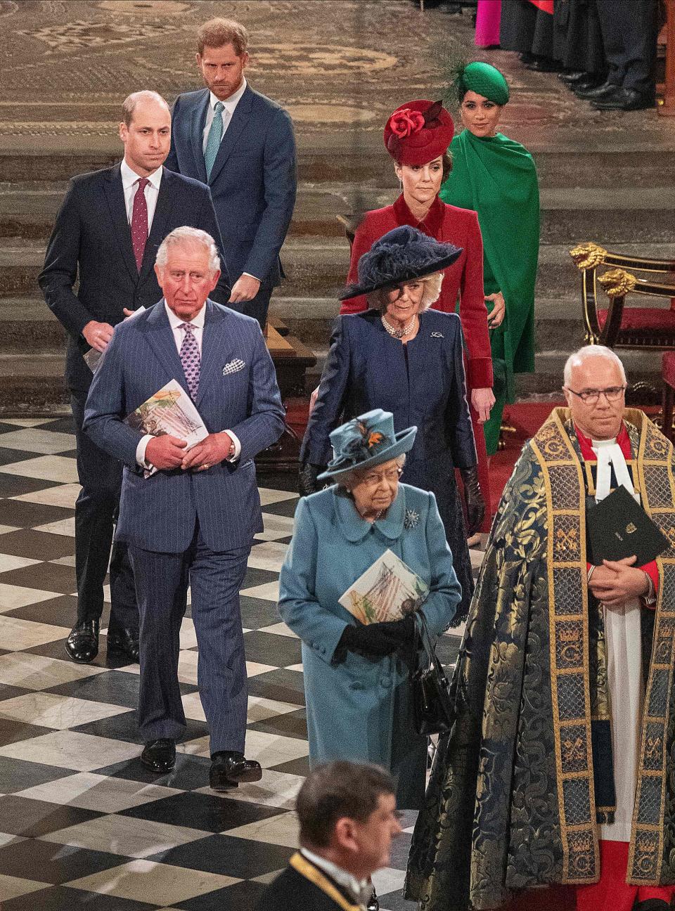 Britain's Prince William, Duke of Cambridge (L), Britain's Prince Charles, Prince of Wales (2nd L), Britain's Prince Harry, Duke of Sussex (3rd L), Britain's Camilla, Duchess of Cornwall (3rd R), Britain's Catherine, Duchess of Cambridge (2nd R) and Britain's Meghan, Duchess of Sussex (R) follow Britain's Queen Elizabeth II and The Dean of Westminster, David Hoyle as they depart Westminster Abbey after attending the annual Commonwealth Service in London on March 9, 2020. - Britain's Queen Elizabeth II has been the Head of the Commonwealth throughout her reign. Organised by the Royal Commonwealth Society, the Service is the largest annual inter-faith gathering in the United Kingdom. (Photo by Phil Harris / POOL / AFP) (Photo by PHIL HARRIS/POOL/AFP via Getty Images)