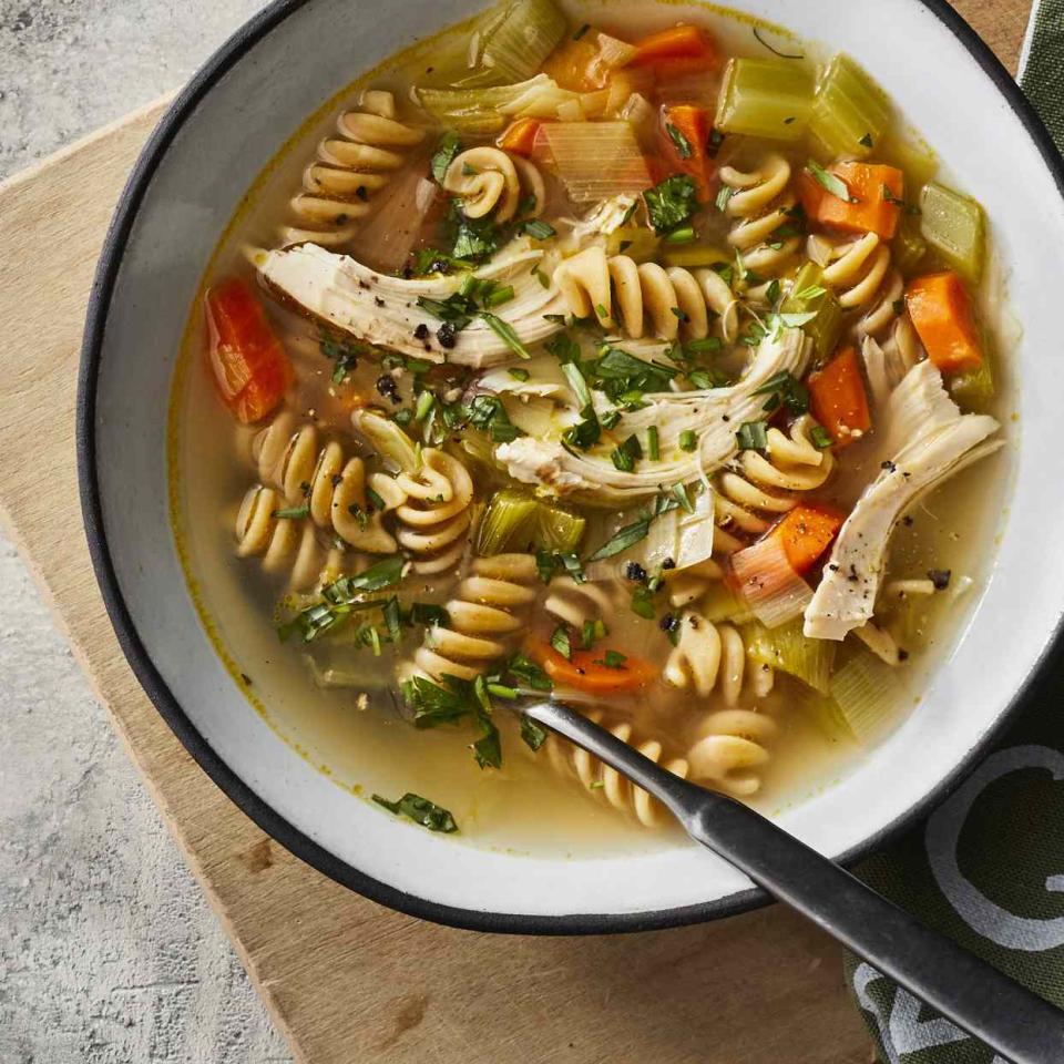 <p>This simple, clean turkey soup is full of vegetables and shredded turkey, making it perfect for after the holidays when you have leftovers on hand. Don't forget to save your Parmesan rinds! Adding one to a soup like this adds a rich umami flavor. <a href="https://www.eatingwell.com/recipe/278309/turkey-pasta-vegetable-soup/" rel="nofollow noopener" target="_blank" data-ylk="slk:View Recipe;elm:context_link;itc:0;sec:content-canvas" class="link ">View Recipe</a></p>