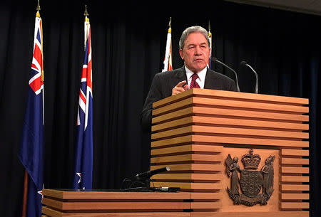 FILE PHOTO - Winston Peters, leader of the New Zealand First Party, speaks during a media conference in Wellington, New Zealand, September 27, 2017. REUTERS/Charlotte Greenfield/File photo