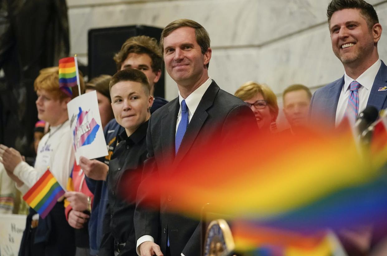 <span class="caption">Gov. Andy Beshear is in favor of making Kentucky the 21st state to ban conversion therapy.</span> <span class="attribution"><a class="link " href="https://newsroom.ap.org/detail/KentuckyGovernorGayRights/79946422d96540dc8da6171497ee0276/photo?Query=LGBTQ%20AND%20kentucky&mediaType=photo&sortBy=arrivaldatetime:desc&dateRange=Anytime&totalCount=11&currentItemNo=6" rel="nofollow noopener" target="_blank" data-ylk="slk:AP Photo/Bryan Woolston;elm:context_link;itc:0;sec:content-canvas">AP Photo/Bryan Woolston</a></span>