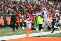 <p>Cincinnati Bengals running back Joe Mixon (28) carries the ball for a touchdown during the game against the Oakland Raiders and the Cincinnati Bengals on December 16th 2018, at Paul Brown Stadium in Cincinnati, OH. (Photo by Ian Johnson/Icon Sportswire via Getty Images) </p>