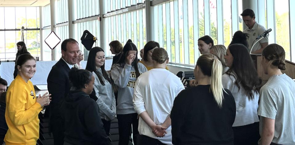 New NKU women's basketball head coach Jeff Hans talks to returning Norse players inside Truist Arena April 22, 2024.