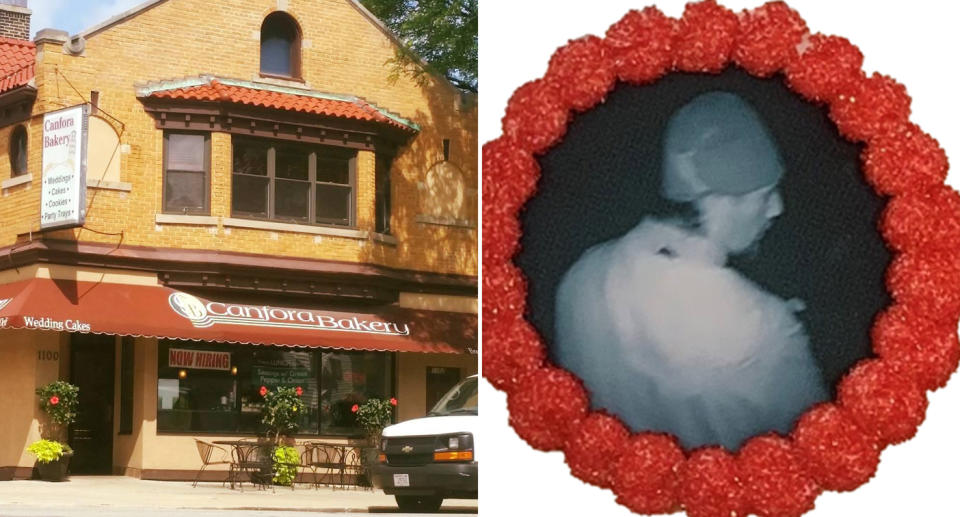 Canfora Bakery is pictured along with a cookie with a man's face printed on it.