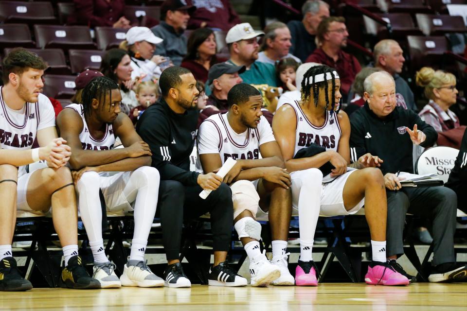Missouri State sophomore Damien Mayo Jr. went out with a knee injury in the second half as the Bears took on the Indiana State Sycamores at Great Southern Bank Arena on Saturday, Feb. 10, 2024.