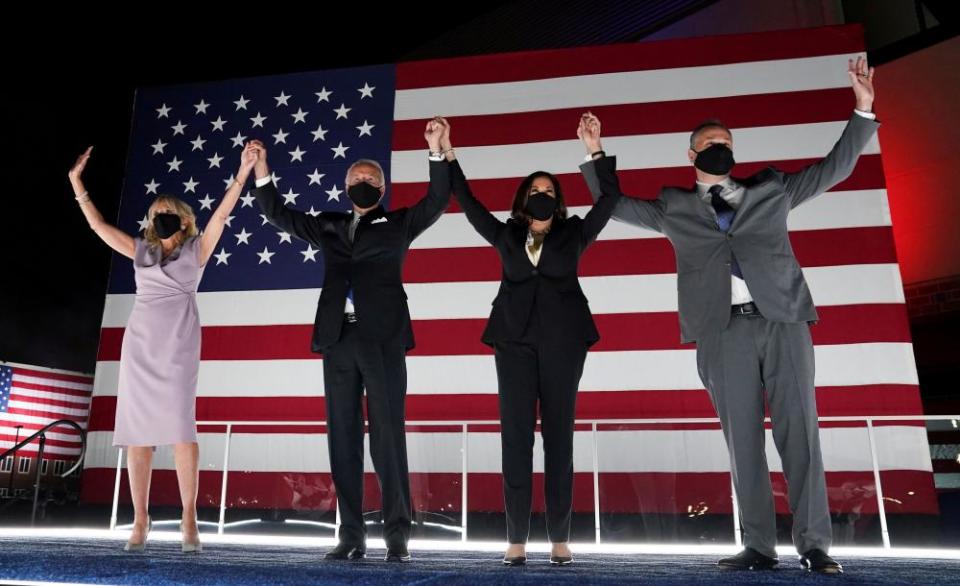 Democratic presidential candidate and former Vice President Joe Biden, his wife Jill Biden, U.S. Senator and Democratic candidate for Vice President Kamala Harris and her husband Douglas Emhoff celebrate after Joe Biden accepted the 2020 Democratic presidential nomination during the 4th and final night of the 2020 Democratic National Convention, as participants from across the country are hosted over video links from the originally planned site of the convention in Milwaukee, Wisconsin, U.S. August 20, 2020.