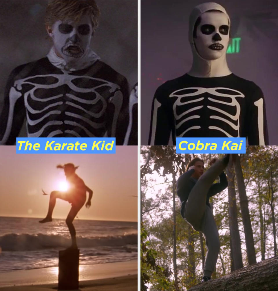 Johnny's skeleton costume and Miguel wearing an identical costume, then young Daniel balancing on a stump and Robby balancing on a tree