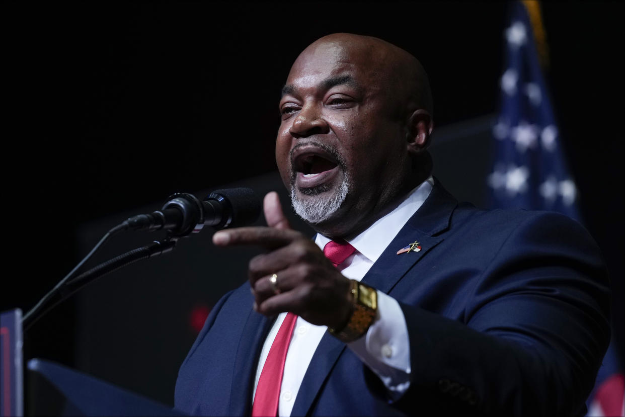 North Carolina Lt. Gov. Mark Robinson speaks at a campaign rally in Asheville, N.C., in August. 