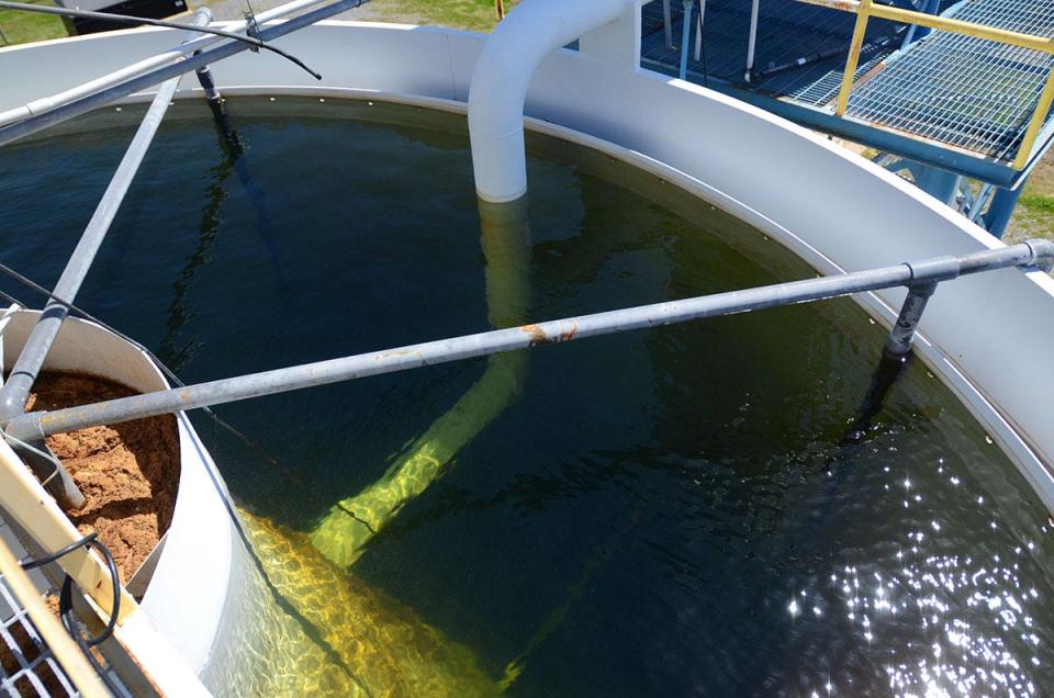 Water in a Black Bayou water treatment plant storage tank. Impurities settle at the bottom of the tank and are siphoned off, Friday, Mar. 25, 2022.