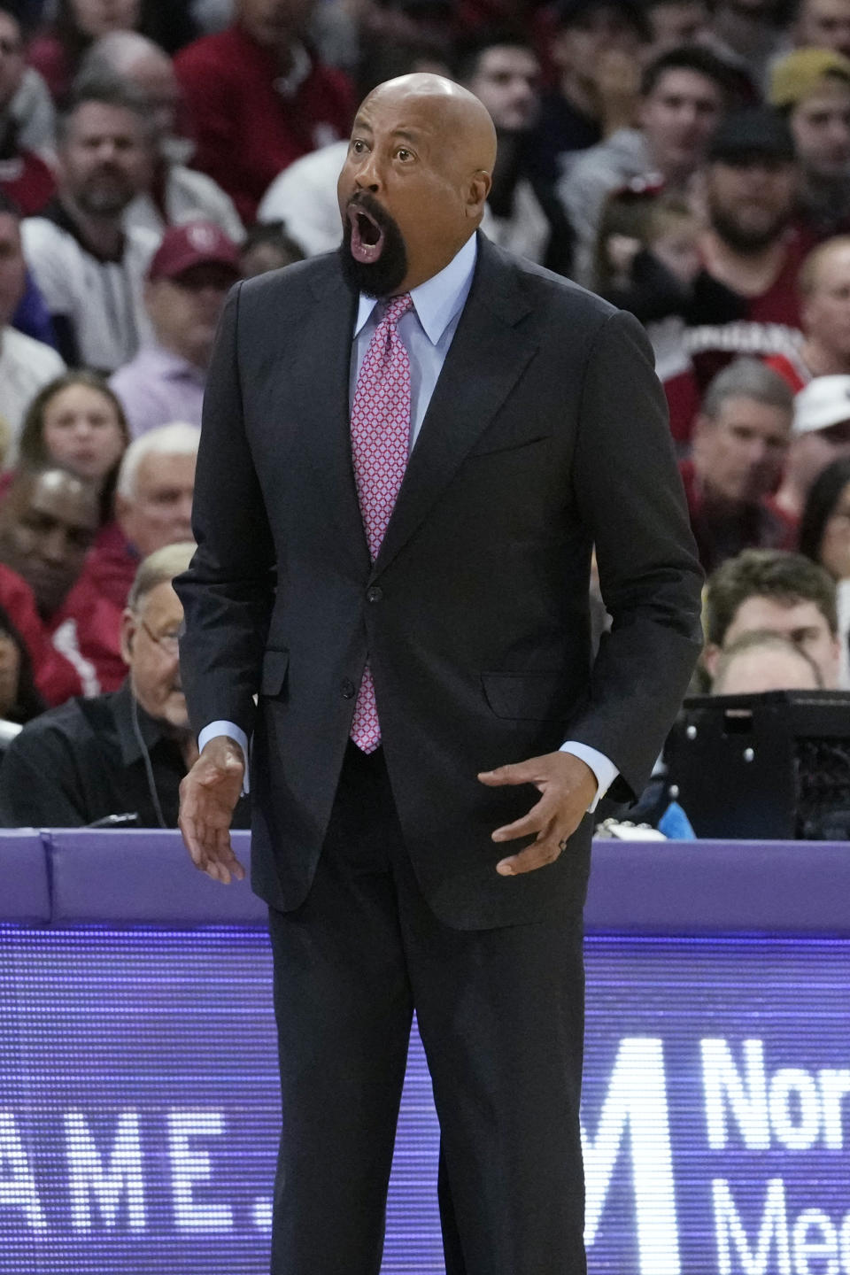 Indiana coach Mike Woodson reacts to a call during the first half of the team's NCAA college basketball game against Northwestern in Evanston, Ill., Wednesday, Feb. 15, 2023. (AP Photo/Nam Y. Huh)