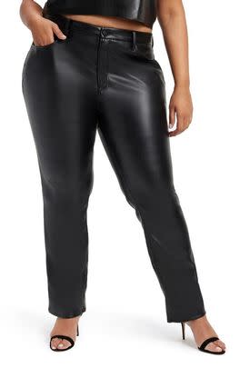 A pair of high-rise faux leather pants