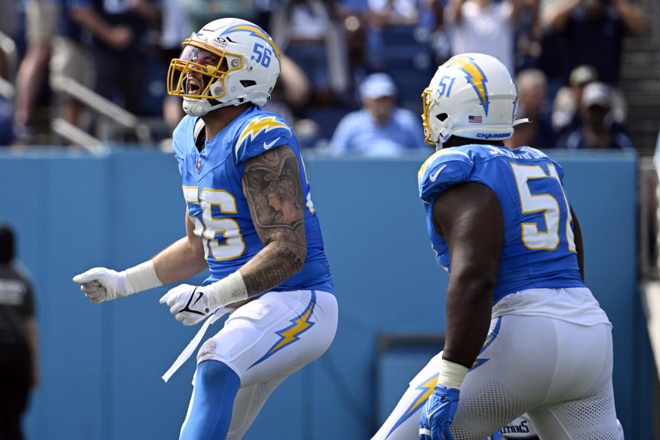 Los Angeles Chargers defensive end Morgan Fox (56) celebrates after sacking Tennessee Titans quarterback Ryan Tannehill during the first half of an NFL football game Sunday, Sept. 17, 2023, in Nashville, Tenn. (AP Photo/John Amis)