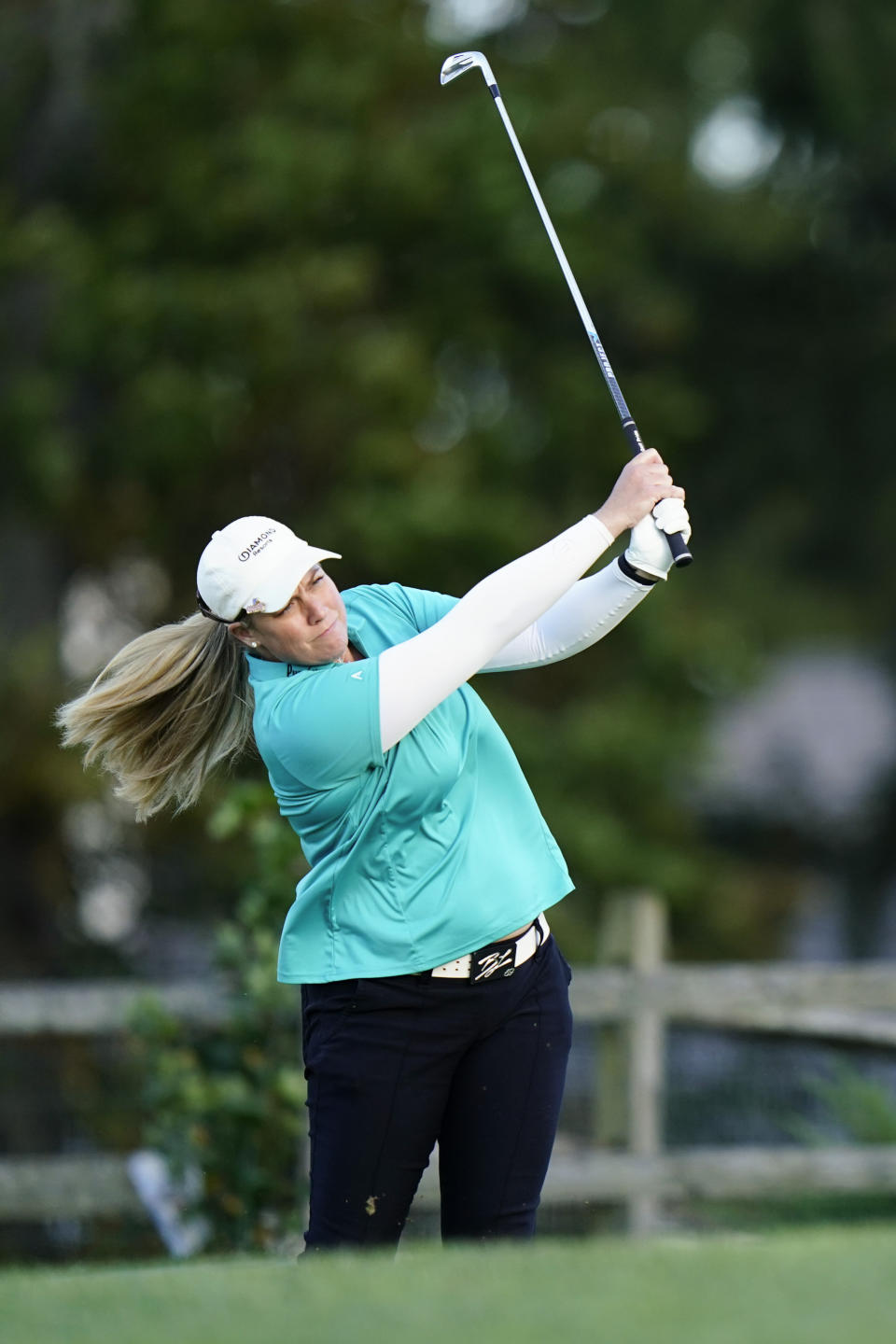 Brittany Lincicome watches her tee shot on the fifth hole during the first round of the KPMG Women's PGA Championship golf tournament at the Aronimink Golf Club, Thursday, Oct. 8, 2020, in Newtown Square, Pa. (AP Photo/Matt Slocum)