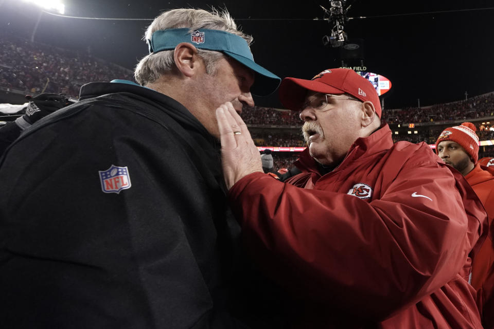 Kansas City Chiefs Head Coach Andy Reid speaks with Jacksonville Jaguars Head Coach Doug Pederson after an NFL divisional round playoff football game between the Kansas City Chiefs and the Jacksonville Jaguars, Saturday, Jan. 21, 2023, in Kansas City, Mo. The Kansas City Chiefs won 27-20. (AP Photo/Ed Zurga)