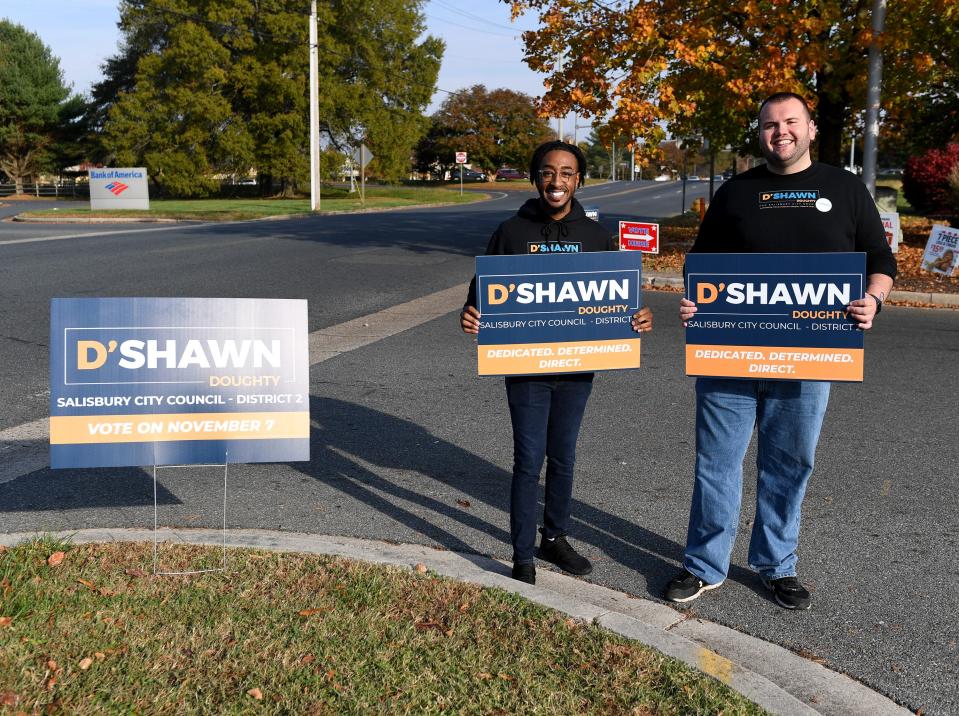 District 2 candidate D’Shawn Doughty with Ricky Pollitt outside the Oak Ridge Baptist Church polling location Tuesday, Nov. 7, 2023, in Salisbury, Maryland.
