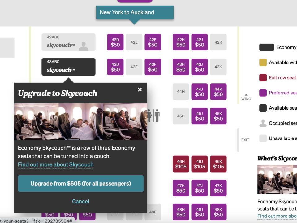 A screenshot of Air New Zealand's booking website showing the Skycouch for $605 for all passengers.