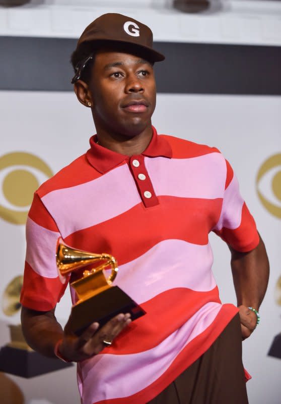 Tyler, the Creator appears backstage with his award for Best Rap Album for "Igor," during the 62nd annual Grammy Awards held at Staples Center in Los Angeles on January 26, 2020. The rapper turns 33 on March 6. File Photo by Christine Chew/UPI