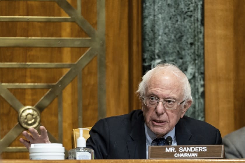 Chairman Bernie Sanders, I-Vt., speaks at a hearing to examine the nomination of Neera Tanden, President Joe Bidens nominee for Director of the Office of Management and Budget (OMB), before the Senate Committee on the Budget, Wednesday, Feb. 10, 2021 on Capitol Hill in Washington. (Anna Moneymaker/The New York Times via AP, Pool)