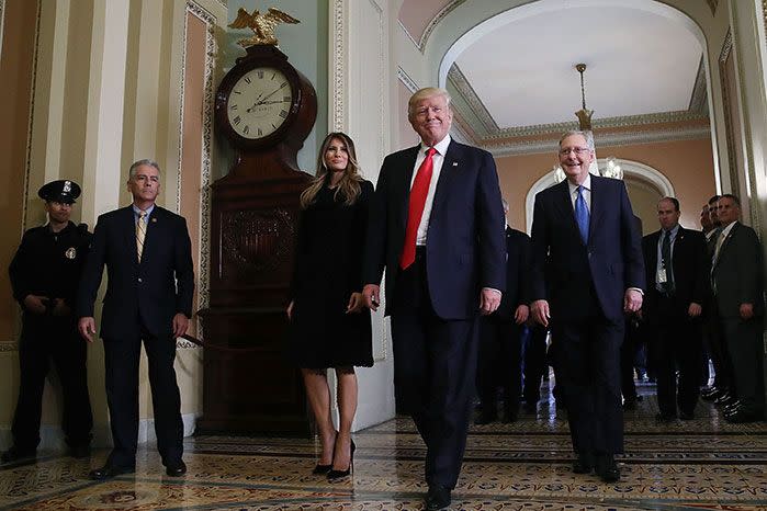 Donald Trump and Melania visit the White House. Image: Getty